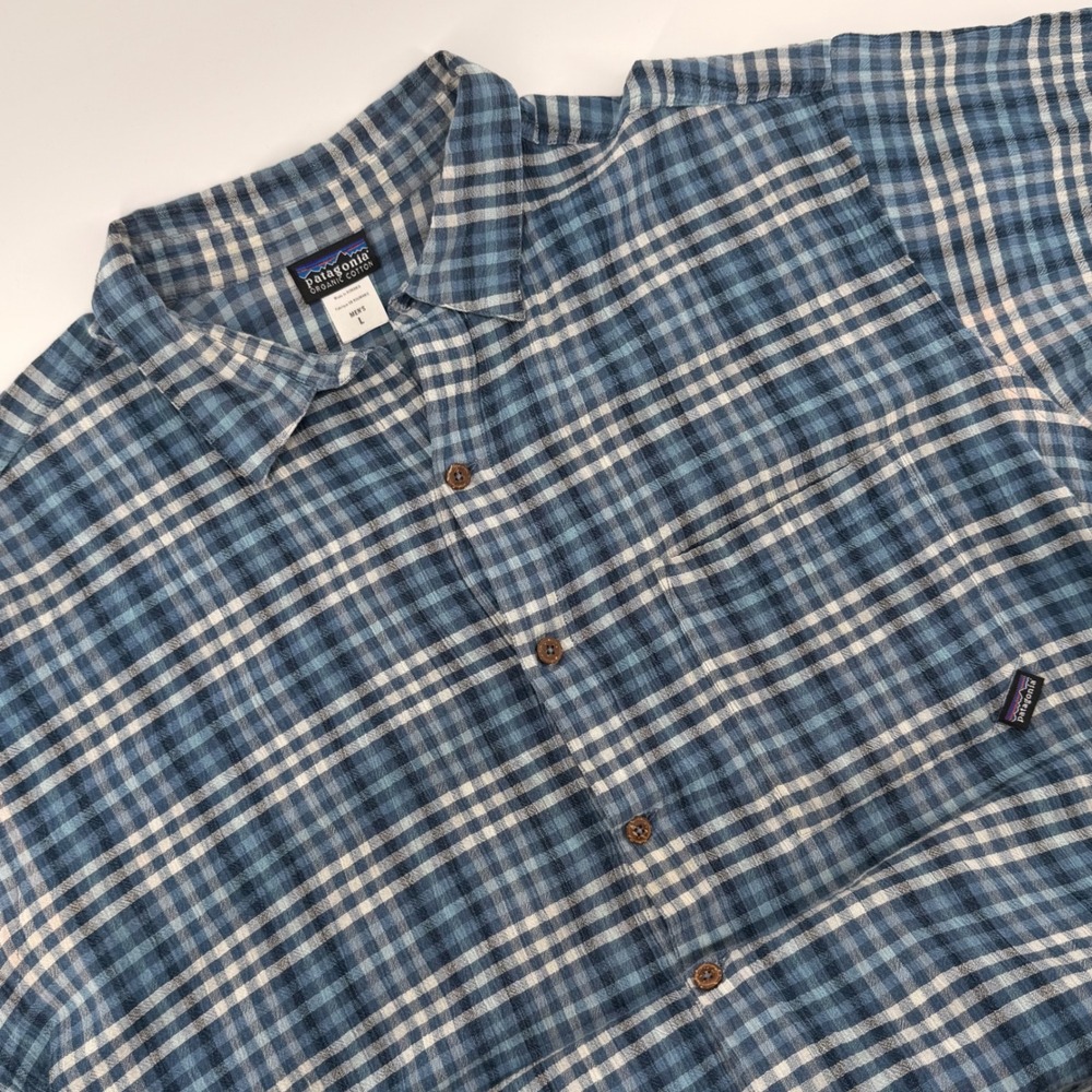 Patagonia Mens L Organic Cotton Short Sleeve Plaid Button Up Shirt Blue 52918